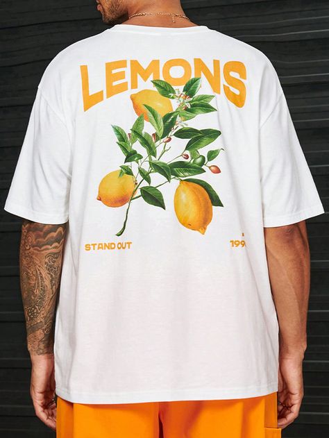 White Casual Collar Short Sleeve Knitted Fabric Fruit&Vegetable,Slogan  Embellished Slight Stretch  Men Clothing Men Tshirt, Lemon Shirt, Cycling Jersey Design, Fruit Shirt, Graphic Shirt Design, Inspirational Tshirts, Tshirt Design Inspiration, Drop Shoulder Tee, Shirt Design Inspiration