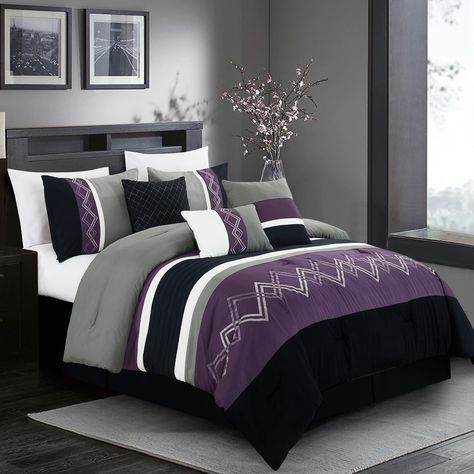 PRICES MAY VARY. 100% Polyester Arden 7-Piece Comforter Set Includes: 1 Comforter, 2 Shams, 1 Bedskirt, 2 Cushions, and 1 Breakfast Pillow California King Measurements: Comforter 104" x 96", Shams 20" x 36", Bedskirt 72" x 84" +14", Cushions 18" x 18", Breakfast Pillow 12" x 18" Beautiful modern striped design with a twist of chevron pattern with the zigzag embroidery pattern overlapping to add an additional dimension to the design Easy Care - Machine wash gentle cycle with cold water; (Sun dry Oversized King Comforter, Grey Comforter Sets, Bedding Comforter, Bed In A Bag, King Comforter Sets, Queen Comforter Sets, Queen Comforter, Make Your Bed, Decoration Inspiration