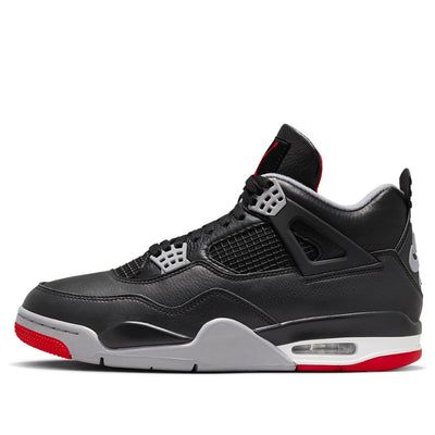 The Air Jordan 4 Retro 'Bred Reimagined' is a fresh take on the iconic silhouette, released on February 17, 2024. This sneaker reinvents the classic Jordan 4 by replacing the traditional nubuck material with a sleek black leather upper. Heritage details like quarter panel netting, gray molded eyelets, and Nike Air branding on the heel tab pay homage to the original 1989 release. The colorway in Black, Cement Grey, Varsity Red, Summit White strikes a balance between boldness and tradition. Whethe Black And Grey Jordans, Jordan 4 Retro Bred, Pretty Sneakers, Rainbow Shoes, Jordan 4s, Pretty Shoes Sneakers, Shoes Sneakers Jordans, Shoe Wishlist, Retro 4