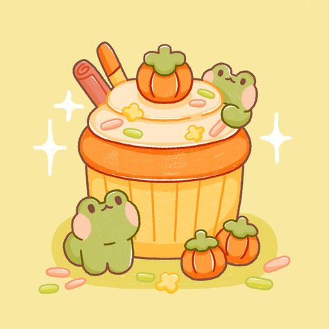 Cute Autumn Drawings, Cozy Prints, Pumpkin Spice Art, Round Frog, Autumn Posters, Pie Drawing, Cute Halloween Drawings, Frog Cake, Pies Art