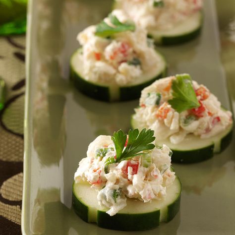 I look for recipes that are deceptively easy. These fancy-but-quick crab and cucumber appetizers are heavenly, and the stand-out colors light up any gathering or holiday table, no matter the season. —Nancy Czarnick, Desert Hills, Arizona Potluck Dips, Crab Bites, Potluck Appetizers, Cucumber Appetizers, Cold Finger Foods, Finger Food Recipes, Desert Hills, Spicy Crab, Cucumber Bites