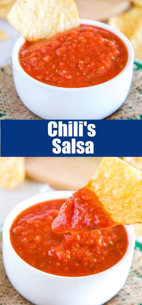 Chili's Salsa Recipe - do you love the restaurant Chili's chips and salsa? It is so easy to make at home year round!  Great for taco night, game day or just because! Chilis Copycat Salsa, Copycat Salsa, Chili's Salsa Recipe, Salsa Chili, Homemade Salsa Recipe, Mexican Dinner, Taco Night, Homemade Salsa, Chips And Salsa