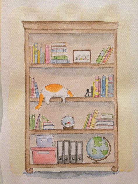 Ginger cat sleeping on a bookshelf Cat On Bookshelf Drawing, Bookcase Drawing, Bookshelf Drawing, Bookshelf Painting, Mood Tracking, Painted Bookshelves, Bookshelf Art, Butterfly Tattoos For Women, Kitty Art