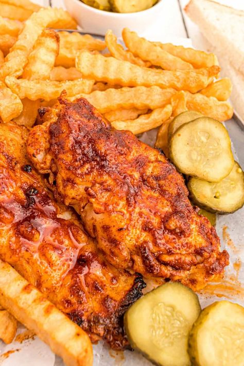 Air Fryer Nashville Hot Chicken Recipe - Sugar and Soul Nashville Hot Chicken Air Fryer, Air Fryer Nashville Hot Chicken, Nashville Hot Chicken Recipe, Air Fryer Recipes Chicken Tenders, Chicken Air Fryer, Hot Chicken Recipe, Nashville Chicken, Baked Chicken Nuggets, Nashville Hot Chicken