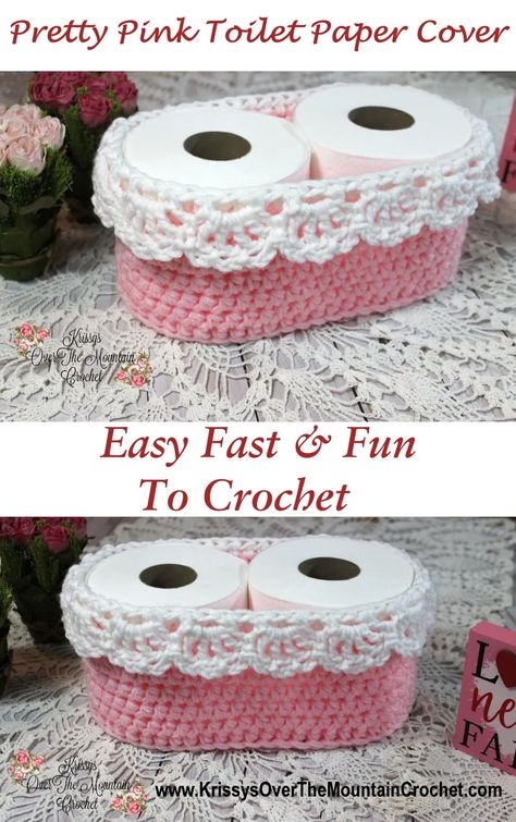 Pretty Pink Lace Toilet Paper Cover - Krissys Over The Mountain Crochet Crochet Toilet Roll Cover, Bathroom Crochet, Mountain Crochet, Toilet Paper Cover, Pink Toilet, Paper Baskets, Spring Crochet, Crochet Free Patterns, Basket Crochet