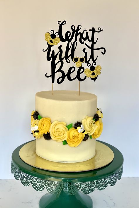 Bumble Bee Gender Reveal Cake, Gender Reveal Cake Bee Theme, Honey Bee Gender Reveal Cake, What Will It Bee Gender Reveal Cake, What Will Baby Bee Cake, What Will It Bee Gender Reveal, Bee Gender Reveal Cake, What Will It Bee Cake, Bee Baby Shower Food