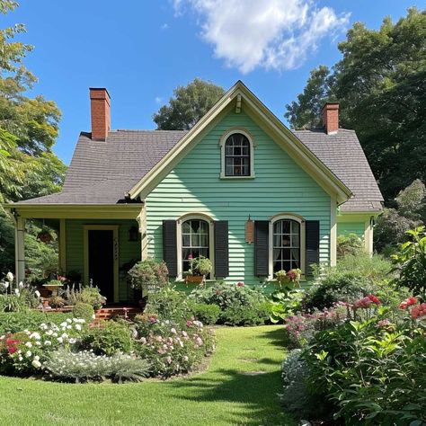 Pastel Exterior House, Light Green Cottage Exterior, Danish Pastel Bloxburg House Exterior, Quirky Cottage Exterior, Pastel House Aesthetic Exterior, White Exterior Houses, Storybook Homes, Beautiful Cabins, Cottages And Bungalows