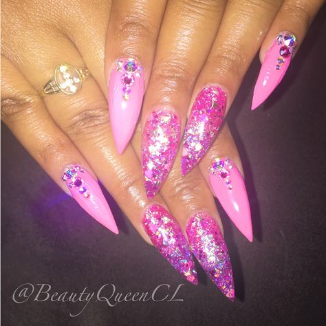 Stiletto Pink Glitter Encapsulated Acrylic Nails with Swarovski Crystals. Bling Nails. Hot Pink Unicorn Nails, Encapsulated Acrylic Nails, Glitter Stiletto Nails, Nails Encapsulated, Pointed Nail Designs, Pink Bling Nails, Pink Stiletto Nails, Encapsulated Nails, Glitter Stilettos