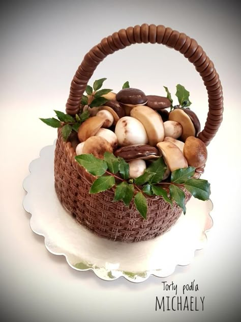 Basket cake with mushrooms - cake by Michaela Hybska Mushroom Sheet Cake, Mushroom Cake Decoration, Cake With Mushrooms, Mushrooms Cake, 60th Birthday Cake For Men, Fall Birthday Cakes, Mushroom Cake, Cake Basket, 60th Birthday Cake