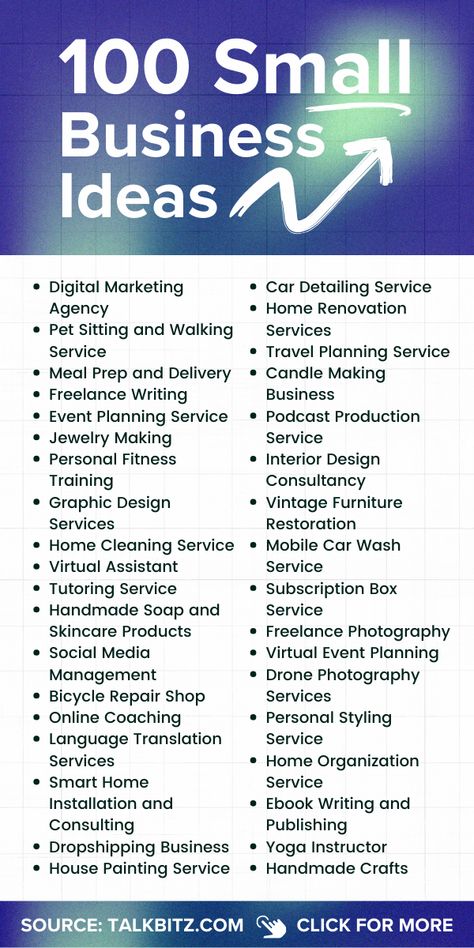 If you're ready to ignite your entrepreneurial spirit, check out these 100 small business ideas that will inspire and motivate you! Get this free PDF to explore endless possibilities for your next venture. #smallbusinessideas #entrepreneurship Business Products To Sell, Ideas For Own Business, Business Concept Ideas, Business Ideas For Friends, At Home Small Business Ideas, Types Of Business Ideas, Business Services Ideas, Best Side Business Ideas, Transportation Business Ideas