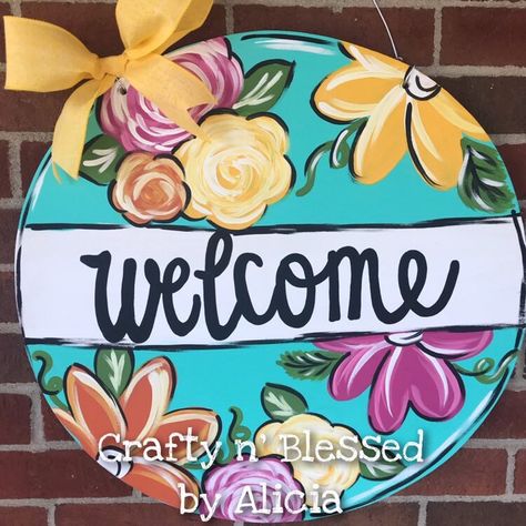 "This Large Floral Door Hanger is a super cute addition to your front door! Can be customized in any color scheme with any phrase or name! Please let me know at time of purchase what you want it to say.   It is hand painted on 1/2\" blonde wood plywood with acrylic paint and sealed with a clear gloss to protect it. Ribbon may vary depending on availability.  These are made to order. For local porch pickup in Georgetown, KY use coupon code PICKUP to avoid shipping fees. Once your item is ready I Diy Kids Paint, Door Hangers Diy, Door Signs Diy, Summer Door Hanger, Blonde Wood, Wood Door Hangers, Clear Gloss, Wooden Door Hangers, Diy Signs