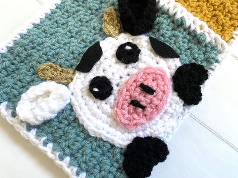 Crochet the Cutest Cow Applique for Cuddle Buddies Blanket Crochet Cow Potholder Free Pattern, Cow Granny Square Crochet, Cow Granny Square, Crochet Cow Blanket, Crochet Blanket Animals, Cow Applique, Crochet Farm Animals, Crocheted Cow Pattern, Crochet Diy Tutorial