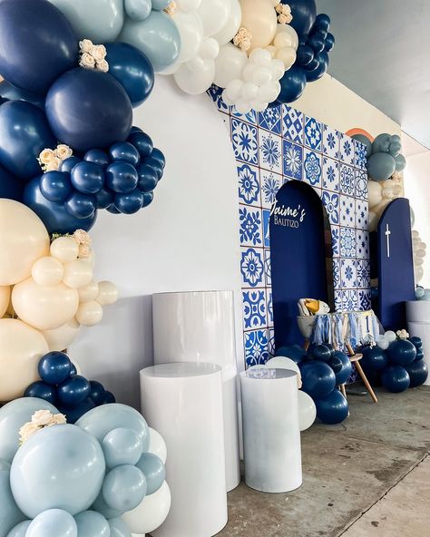 Bautizo: Talavera Edition 🔹 New Backdrop now Available! Check out this Joint Bautizo/1st Birthday setup! We love our new Talavera Backdrop & this color wave! #balloongarland #talavera #balloondecoration #bautizo #firstbirthday #eventplanner #eventstylist #balloonartist Clase Azul Party Theme, Talavera Balloon Garland, Talavera Blue And White, Clase Azul Theme Party, Talavera Quinceanera, Talavera Backdrop, Talavera Party Ideas, Talavera Birthday Party, Talavera Party Decoration