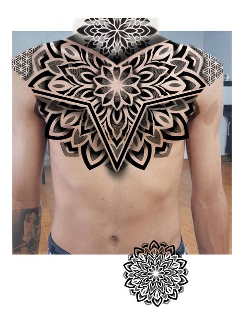 Mandala Chest Tattoo, Geometric Tattoo Neck, Geometric Chest, Geometric Tattoo Sleeve Designs, Geometric Mandala Tattoo, Geometric Sleeve Tattoo, Back Piece Tattoo, Shape Tattoo, Muster Tattoos