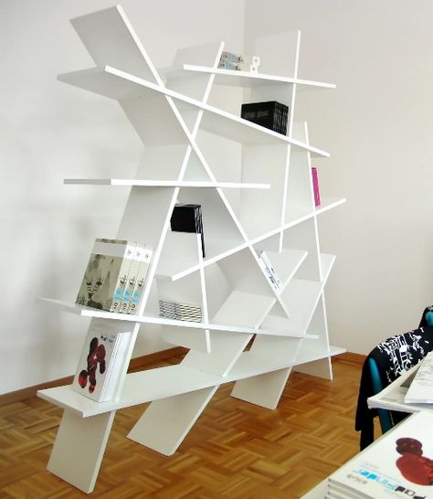 Asymmetry Ultra Modern Furniture, Bookshelf Room Divider, Bookshelf Chair, Foyer Furniture, Modern Room Divider, Modern Bookshelf, Bookcase Design, Shelving Design, White Bookcase