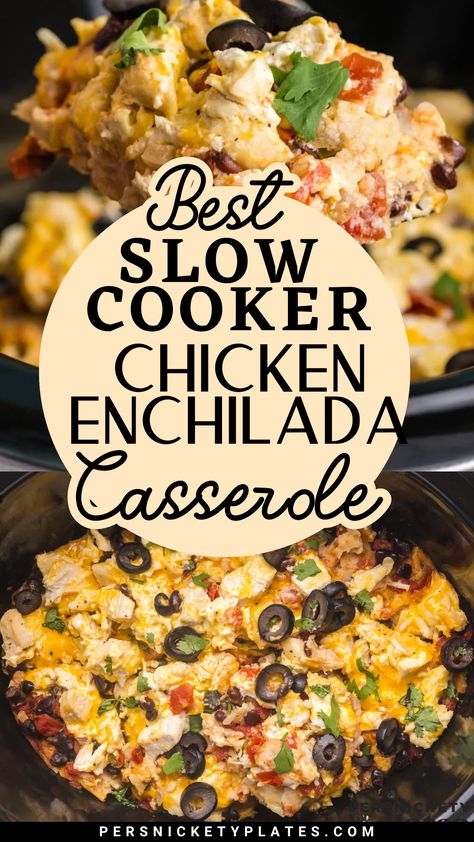 This Slow Cooker Chicken Enchilada Casserole is the ultimate comfort food made easy! Layers of tender shredded chicken, black beans, melted cheese, and tortillas cook low and slow to perfection. No need to roll enchiladas, just layer the ingredients and let the crockpot do the work. Perfect for a stress-free dinner packed with flavor! Slow Cooker Chicken Enchilada Dip, Slow Cooker Meals With Chicken, Crockpot Stacked Enchiladas, Healthy Crockpot Chicken Enchiladas, Crock Pot Chicken Enchiladas Slow Cooker, Easy Chicken Enchilada Soup Crock Pot, Rotisserie Chicken Enchilada Casserole, Mexican Food Crockpot Recipes, Crockpot Casserole Recipes Healthy