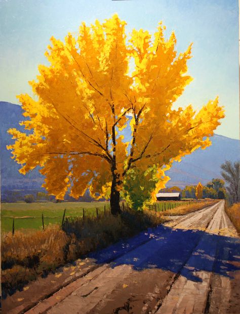 Douglas Aagard's cottonwood and maple tree paintings are perhaps his most popular subject matter. Evocative of many locales, many are surprised his landscapes are mostly made in Utah. Easy Landscape Paintings, 수채화 그림, Dirt Road, Watercolor Trees, Landscape Artist, Christmas Paintings, Easy Christmas, Alam Yang Indah, Tree Art