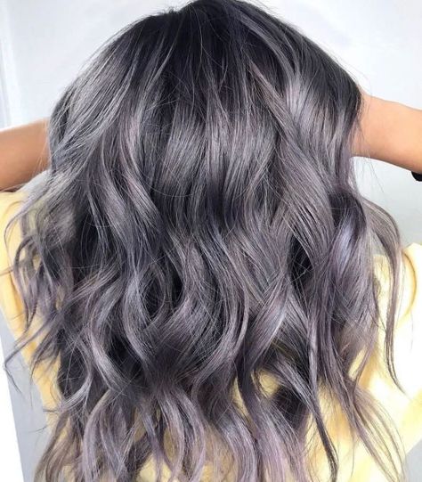 Silver Purple Haze Balayage on Black Hair Blonde Balayage On Black Hair, Hair Color Ideas For 2023, Silver Purple Hair, Balayage On Black Hair, Dark Silver Hair, Silver Hair Shampoo, Purple Black Hair, Silver Hair Color Ideas, Silver Blue Hair