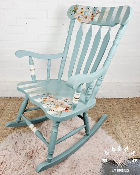 Unique Rocking Chairs, Decoupage Rocking Chair, Rocking Chair Makeover Nursery, Painted Childs Rocking Chair, Hand Painted Rocking Chair, Painting Rocking Chairs Diy, Rocking Chair Paint Ideas, Refurbished Rocking Chair, Wooden Rocking Chair Makeover