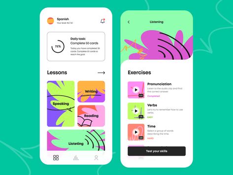 Language Learning - Mobile app by Arounda Gym App, Ui Ux 디자인, App Design Layout, Card Ui, Language Apps, 포트폴리오 레이아웃, App Interface Design, Mobile Web Design, Jackets Casual