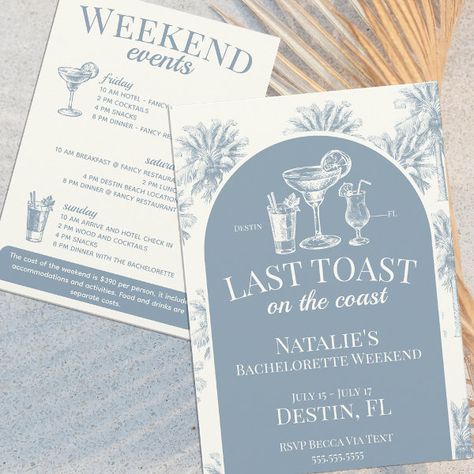 Last Toast On The Coast Coastal Bachelorette Blue Invitation Coastal Bachelorette, Party Itinerary, Last Toast On The Coast, Toast On The Coast, Bachelorette Party Itinerary, Beach Bachelorette Party, Bachelorette Weekend Invitations, Bachelorette Invitation, Coastal Theme