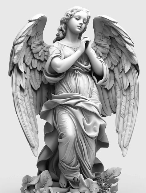 Angel Flying Up, Greek Angel Statue, Hands Clasped Together, Mother Mary Tattoos, Angel Sculpture Art, Angel Statues Sculpture, Heaven Tattoos, Cherub Tattoo