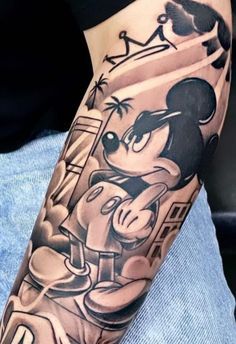 Mickey Mouse Tattoo For Men, Mickey Mouse Tattoo Design, Cartoon Tattoos For Men, Mickey Mouse Tattoo Ideas, Calf Sleeve Tattoo, Mickey Tattoo, Leg Sleeve Tattoos, Mickey Mouse Tattoo, Leg Tattoo Ideas