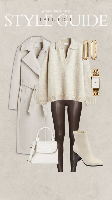 All Beige Winter Outfit, Light Beige Boots Outfit, Neutral Ankle Boots Outfit, Beige Leather Leggings Outfit, Beige Autumn Outfit, Beige Leggings Outfit Winter, Beige Booties Outfit, Beige Leggings Outfit, Pleather Leggings Outfit