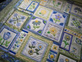 These two quilts are Sandy's. They were block of the month quilts and Sandy did two at the same time!! Way to go! ... Sewing Machine Stitches, Yellow Quilts, Pretty Garden, Flower Quilts, Sampler Quilts, Flower Quilt, Applique Quilting, Garden Quilt, Quilting Inspiration