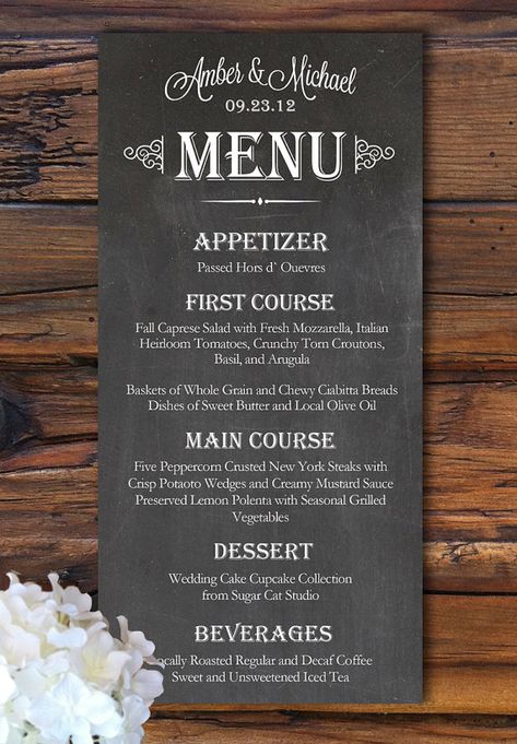 Chalkboard Looking Menu Card from rusticweddingchic.com Wedding Menu Chalkboard, Menu Chalkboard, Menu Card, Wedding Menu, The Menu, Appetizer, Chalkboard, Flowers, White