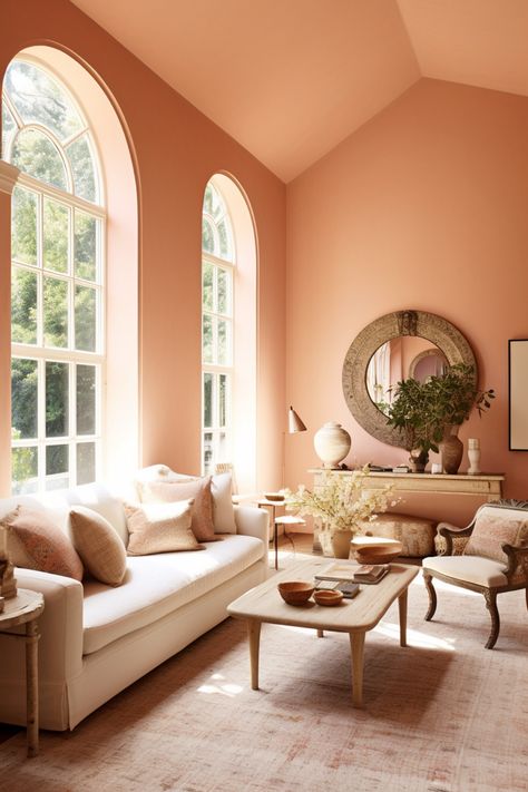 Peach Colored Rooms, Color Drenching Interiors, Peach Living Room, Peach Living Rooms, Colour Drenching, Peach Paint Colors, Aesthetic Salon, Victorian Flat, Peach Rooms