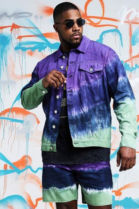 Tie Dye Denim Jacket, Gq Mens Style, Dye Denim, Gq Fashion, Tie Dye Men, Borg Jacket, Tie Dye Denim, Heavy Coat, Tie Dye Shirts