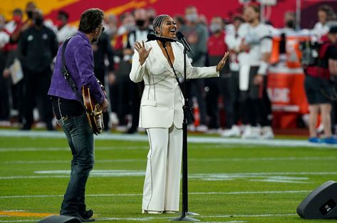 Jazmine Sullivan & Eric Churrch's National Anthem at Super Bowl 2021 | Billboard Pants Suit Prom, Lady Pants, Jazmine Sullivan, Suit Prom, Custom Made Suits, Eric Church, Wedding Jacket, Yeah Yeah, Poems Beautiful