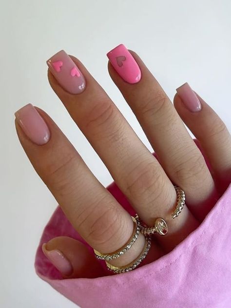 short, nude, and pink acrylic nails with cute hearts French Manicure With Heart, Love Letter Nails, Cute Heart Nails, Mickey Nails, Baby Pink Nails, Heart Nail Designs, Dot Nail Art, Hot Pink Nails, Nude Nail Designs