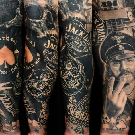 Queens Tattoo, Motorhead Tattoo, Jack Daniels Tattoo, Badass Sleeve Tattoos, Rock N Roll Tattoo, Harley Tattoos, Jack Tattoo, Harley Davidson Tattoos, Skull Sleeve Tattoos