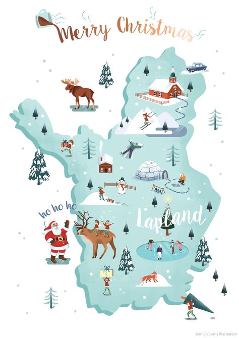 Illustrated map of Lapland/Sápmi. Christmas Map Illustration, Map Projects, Christmas Illustrations, Travel Illustration, Illustrated Map, Travel Maps, Christmas Illustration, Map Design, Winter Travel