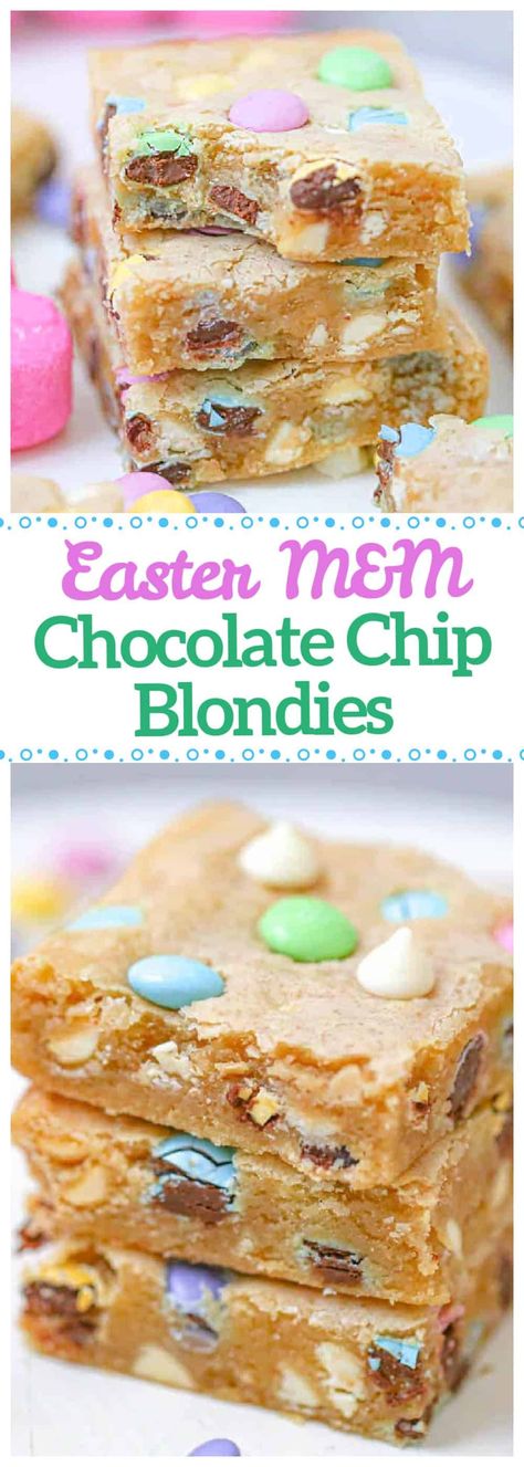 Get ready to hop into Easter with these delicious homemade blondies! Loaded with colorful pastel M&M's and creamy white chocolate chips, these fudgy blondie bars are the perfect Easter treat. Best of all, they're super easy to make in just 10 minutes - no mixer required! Elevate your Easter desserts game with this easy blondie recipe. Peeps Dessert, Easter Bars, Easter Egg Sugar Cookies, Cute Easter Desserts, Traditional Easter Recipes, Blondie Bars, Pretty Pastel Colors, Blondie Bar, Easy Easter Desserts