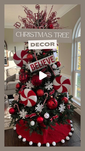 Courtney Hamilton on Instagram: "I’ve had this tree for many many years.  It may not be the best quality & it’s not pretty like the viral Home Depot tree, but once it’s decorated you can’t really tell.  This is my “fun” tree where anything goes.  I like using large ornaments to cover the flaws of this tree.  This year I added twinkle lights that come with a remote & has multiple lighting settings.  Comment SHOP and I will message you linkable items. 

#tistheseason #christmastree #christmasdecor #holidaydecor #christmas #candycane #homedecorating #holidaydecorating #christmastreedecor #candytree

Follow my shop @athomewiththehamiltons on the @shop.LTK app to shop this post and get my exclusive app-only content!

#liketkit #LTKHoliday #LTKSeasonal #LTKhome
@shop.ltk
https://liketk.it/4nGef" Candycane Christmas Trees, Candy Christmas Tree Decorations, Courtney Hamilton, Large Ornaments, Candy Christmas Tree, Candy Tree, Peppermint Christmas, Christmas Collage, Many Many