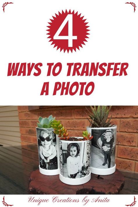 4 Ways to transfer a photo on to a surface such as wood, plastic, glass and many more. I have shared the pros and cons for all these methods Turning Photos Into Art, Transfer Photo To Glass, Photos Into Art, Restored Furniture, Transfer Onto Wood, Waterslide Paper, Garage Sale Finds, Image Transfers, Tattoo Paper