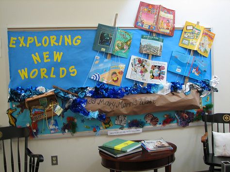 Library Bulletin Board by awilliam701, via Flickr Pirate Bulletin Boards, World Bulletin Board, Book Bulletin Board, Nautical Classroom, Christmas Bulletin Boards, Art Bulletin Boards, School Library Displays, Library Bulletin Board, Ocean Theme Classroom