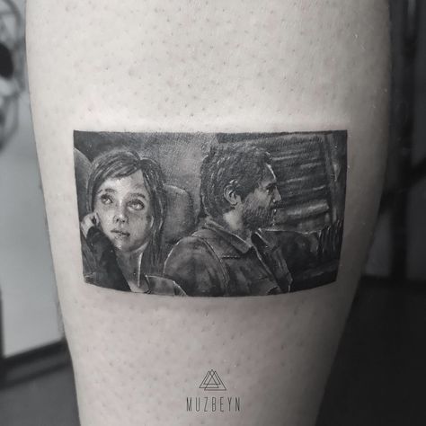 Last Of Us Tattoo, Us Tattoo, Fandom Tattoos, Black And Grey Tattoo, Bull Tattoos, Joel And Ellie, Gaming Tattoo, The Last, Grey Tattoo