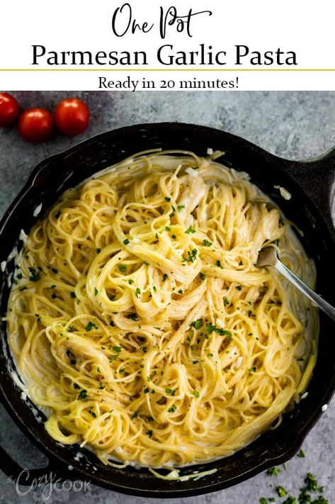 Just a single pot is all you need to prepare this Creamy Parmesan Garlic Pasta. Angel hair pasta simmers in this savory sauce for just five minutes, you'll never find a quicker or easier pasta recipe than this! | The Cozy Cook | #Parmesan #Pasta #OnePot #Garlic #Dinner #Italian #ComfortFood #Creamy #Meatless Pasta Angel Hair, Meatless Pasta Recipes, The Cozy Cook, Garlic Parmesan Pasta, Cozy Cook, Angel Hair Pasta, Creamy Parmesan, Parmesan Pasta, Garlic Pasta