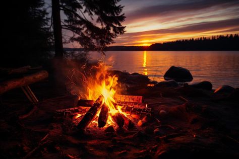 AI generated Bonfire on the shore of a lake at sunset. Camping. Campfire, Royalty Free Stock Photos, Camping, Lake, For Free, Stock Photos