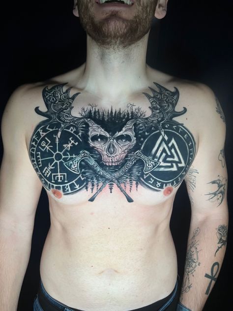 Chest, Black work, skechy, cover up Blast Over Tattoo, Viking Tattoos, Chest Tattoo, Blackwork, I Tattoo, Vikings, Cover Up, Tattoos, Photo And Video