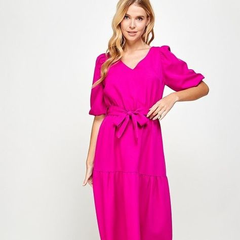 Doesn't this color just brighten your day? Magenta. Fuchsia. Hot pink. Whatever you call it, it's such a beautiful, refreshing color! Getting ready for spring! 🌷🌷🌷 https://www.andgold.co/product-page/magenta-love-midi-dress Magenta Dress, Dkny Dress, Midi Ruffle Dress, Magenta Pink, Tiered Midi Dress, Smock Dress, You Call, Modest Dresses, Brighten Your Day