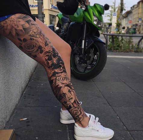 Embedded image Tattoo Bein Frau, Cuff Tattoo, Sanskrit Tattoo, Full Leg Tattoos, Model Tattoo, Leg Tattoo Men, Leg Tattoos Women, Leg Sleeve Tattoo, Tattoo Girls