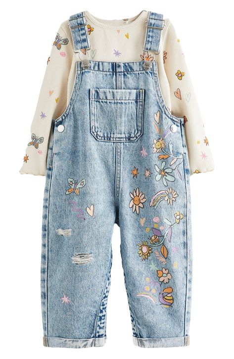 NEXT Kids' Graphic Top & Denim Overalls Set available at #Nordstrom Cute Kid Clothes, Artist Costume, Ripped Overalls, Groovy Flowers, Kids Overalls, Cool Kids Clothes, Girls Overalls, Baby Colors, Painted Clothes