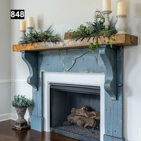 Please do not purchase a Mantel without first filling out the Quote Form and receiving a quote from us. Quote Form: https://form.jotform.com/240524957086059 Introducing our exquisite collection of reclaimed wood beam fireplace mantels, each one uniquely distressed to perfection, exuding rustic charm and timeless elegance. Crafted from high-quality reclaimed pine wood beams, these mantels boast a weathered paint finish that reveals the natural beauty of the wood beneath, creating a stunning visua Faux Fireplace Mantels Wood, Fireplace Mantel Vaulted Ceiling, Navy Mantle Fireplace, Blue Fireplace Mantel, Painted Mantle Ideas, Reface Brick Fireplace, Cottage Fireplace Ideas, Mantels Decorated, Fireplace With Bookshelves