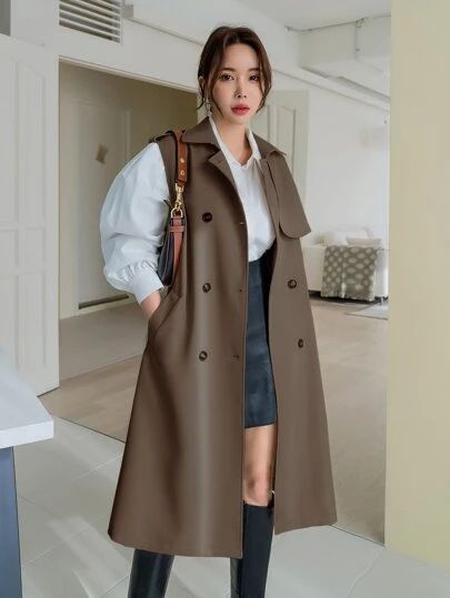 Trench Vest Outfit, Sleeveless Trench Coat Outfits, Sleeveless Coat Outfit, Casual Trench Coat Outfit, Coat Outfits For Women, Brown Coat Outfit, Sleeveless Trench Coat, Trench Vest, Plain Vest