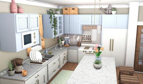 Pastel Bloxburg House Layout, Blocksburg Beach House Ideas, Roblox Aesthetic Bloxburg, Cute Kitchen Ideas Bloxburg, Bloxburg Summer Kitchen, Club Roblox House Ideas Kitchen, Bloxburg Kitchen Ideas Coastal, Bloxburg Kitchen Ideas Aesthetic, Bloxburg Lighting Colors